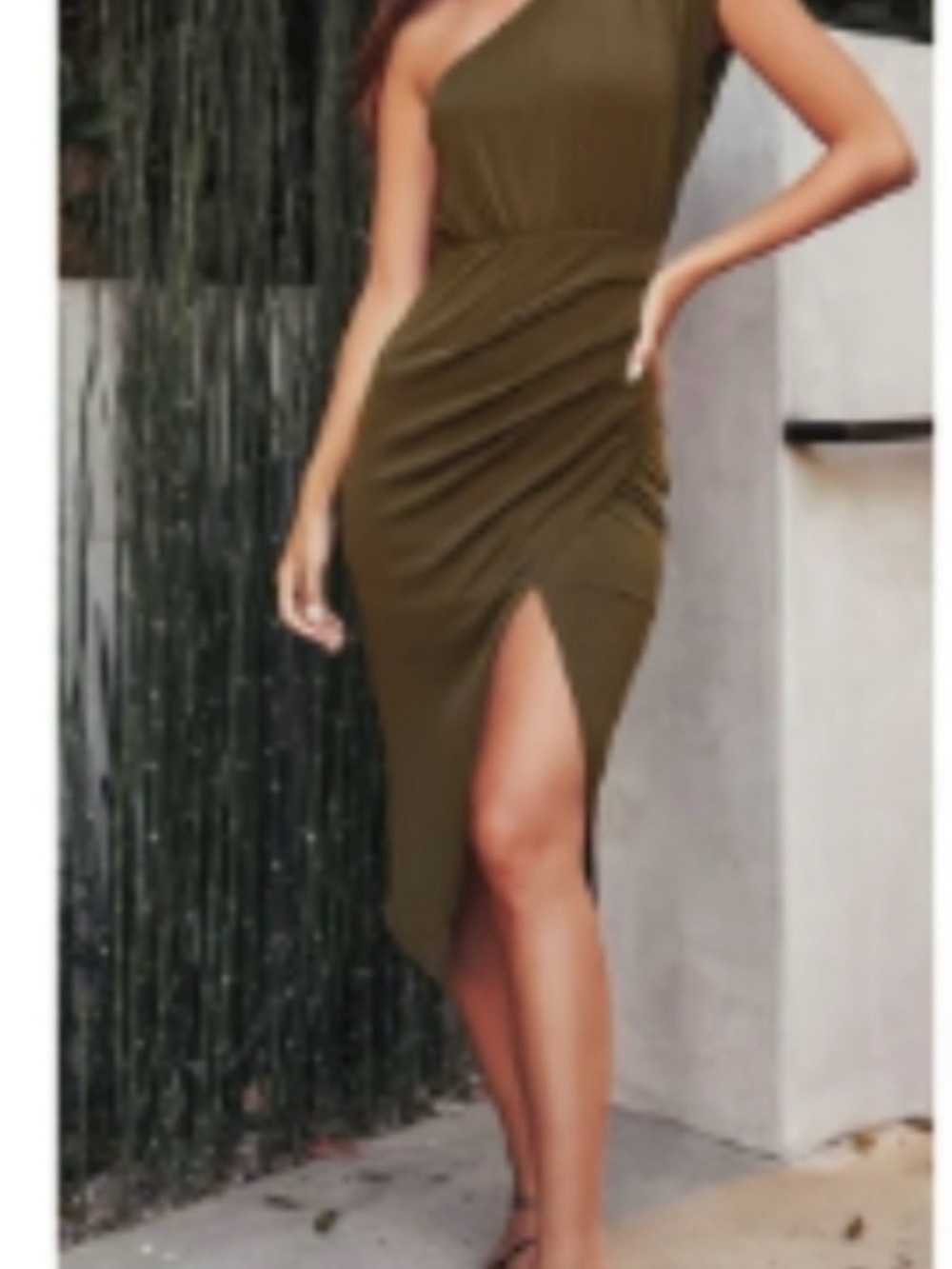 Lulus Olive One-Shoulder Ruched Midi Dress with thigh slit